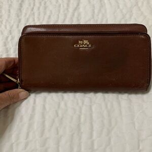 Coach double zip long wallet, brown leather